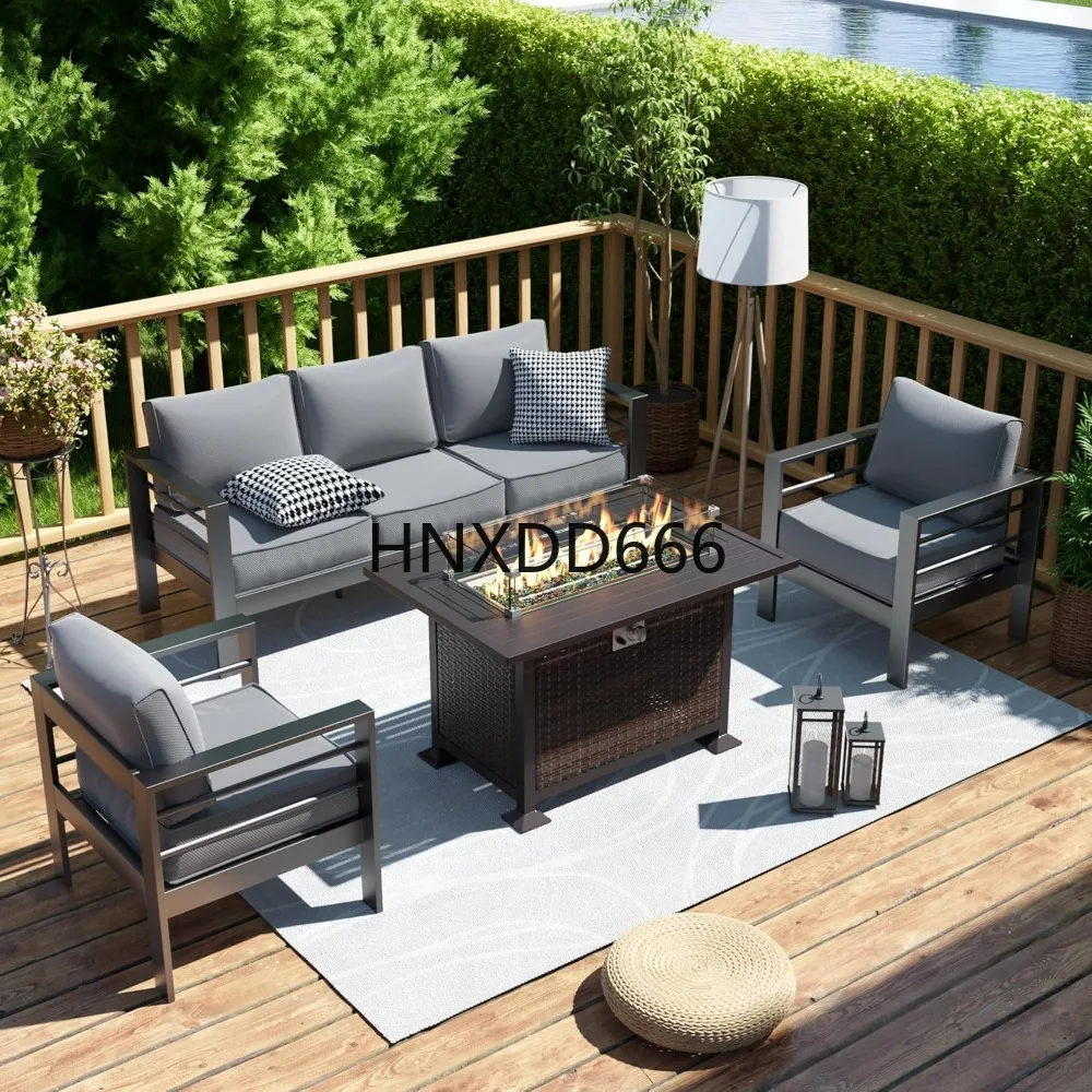 Outdoor Furniture With Fire Pit Table - ชุดเฟอร์นิเจอร์ลานบ้านพร้อมโต๊ะเตาผิง, ชุดโซฟาลานบ้านโลหะอลูมิเนียมแบบโมเดิร์น 6 ชิ้น