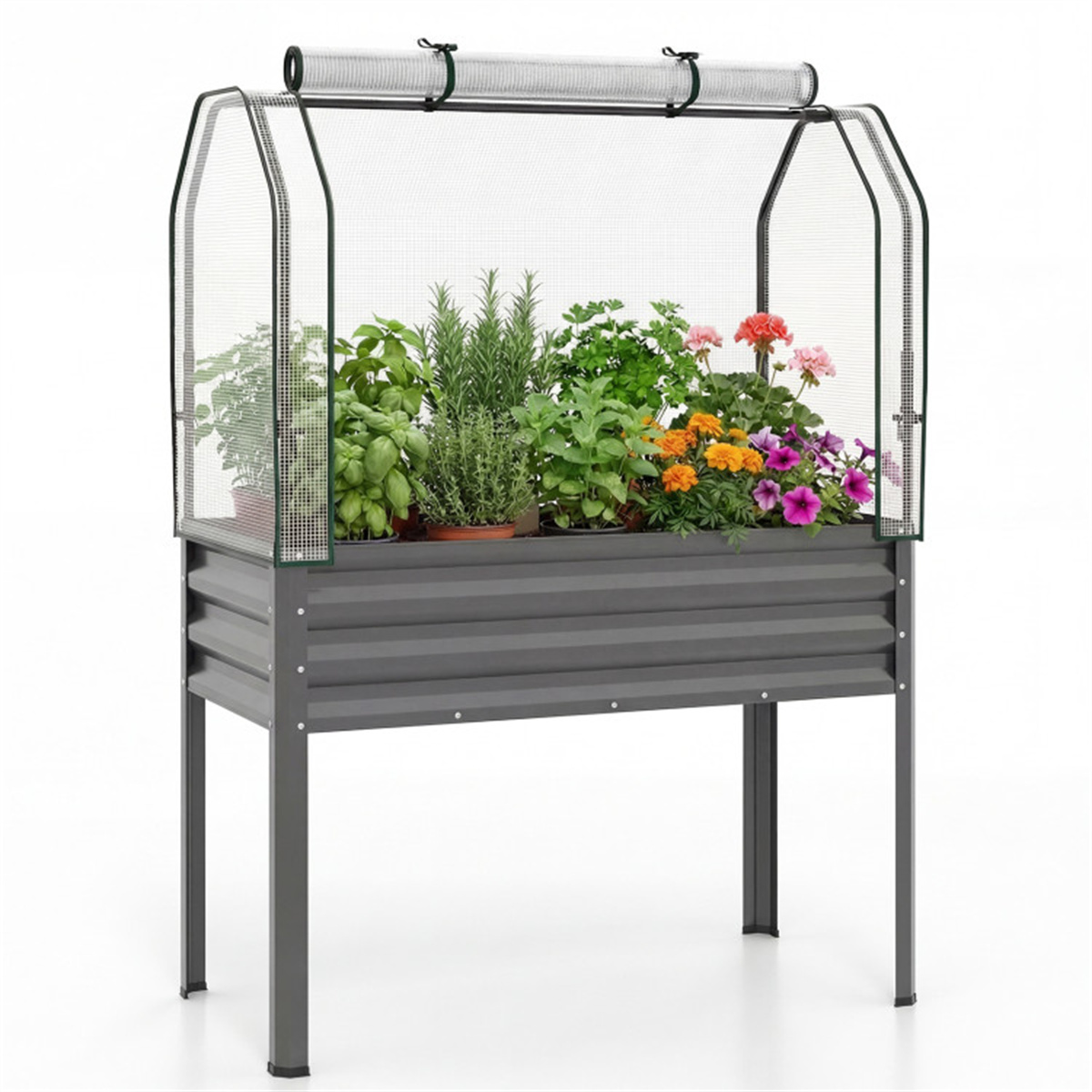 Planter Raised Metal - เตียงปลูกต้นไม้ยกสูง 3-in-1 พร้อมฝาครอบเรือนกระจกขนาดเล็ก กล่องปลูกต้นไม้ยกสูง - สีเทา