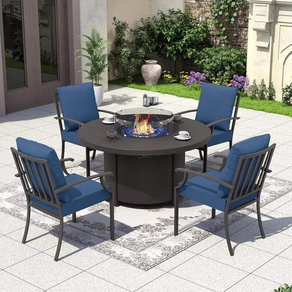 Outdoor Furniture With Fire Pit Table - ชุดเฟอร์นิเจอร์กลางแจ้ง 5 ชิ้น พร้อมโต๊ะเตาผิงทรงกลมและเก้าอี้มีเบาะรองนั่ง สีน้ำเงินกรมท่า