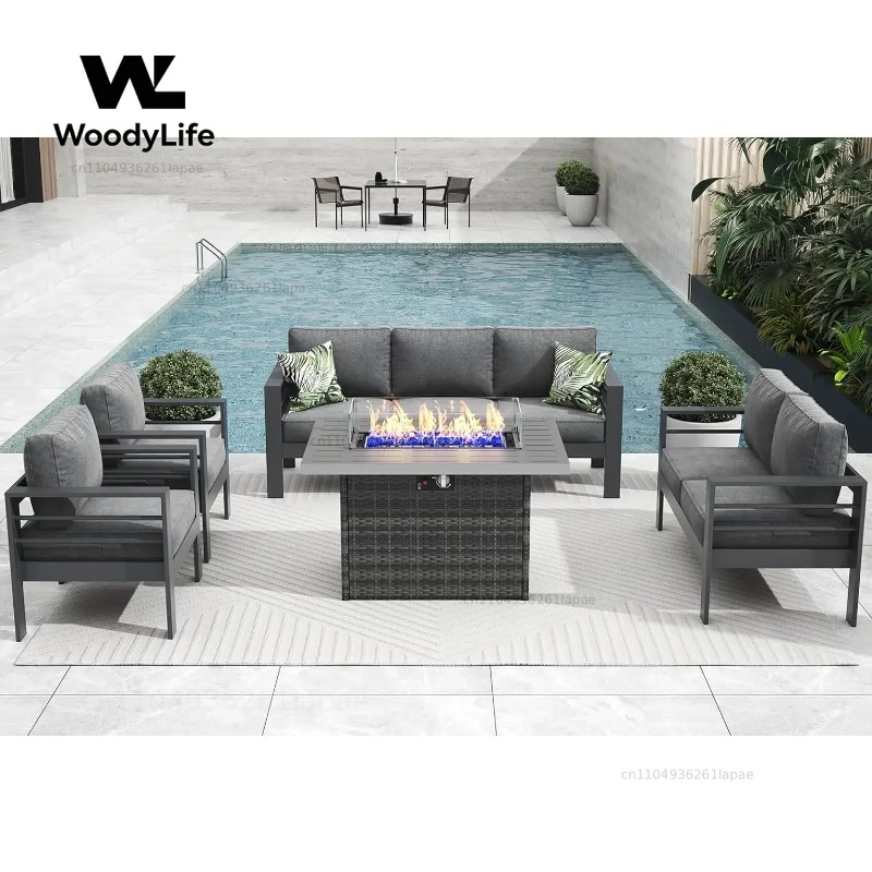 Outdoor Furniture With Fire Pit Table - ชุดเฟอร์นิเจอร์ลานบ้านอลูมิเนียมสไตล์โมเดิร์น 5 ชิ้น พร้อมโต๊ะเตาผิง ชุดโซฟาเหล็กสำหรับนั่งพูดคุยกลางแจ้ง