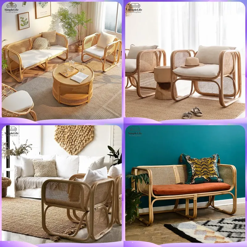Outdoor Furniture Japanese Style - ชุดโซฟาหวายสไตล์ญี่ปุ่นสำหรับกลางแจ้ง ระเบียง สวน เฟอร์นิเจอร์ลานบ้าน โซฟาหวายแบบแยกส่วนพร้อมเก้าอี้พักผ่อนมีที่วางแขน
