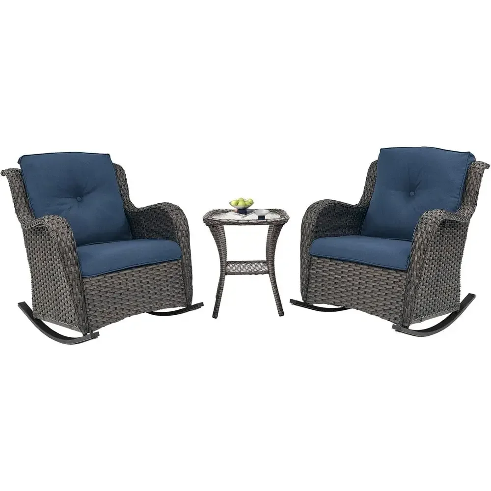 Outdoor Furniture Rocking Chair - ชุดเก้าอี้โยกกลางแจ้งวัสดุหวายสำหรับทุกสภาพอากาศ 2 ตัว พร้อมโต๊ะข้าง สีน้ำตาล เหมาะสำหรับลานระเบียงและสวน