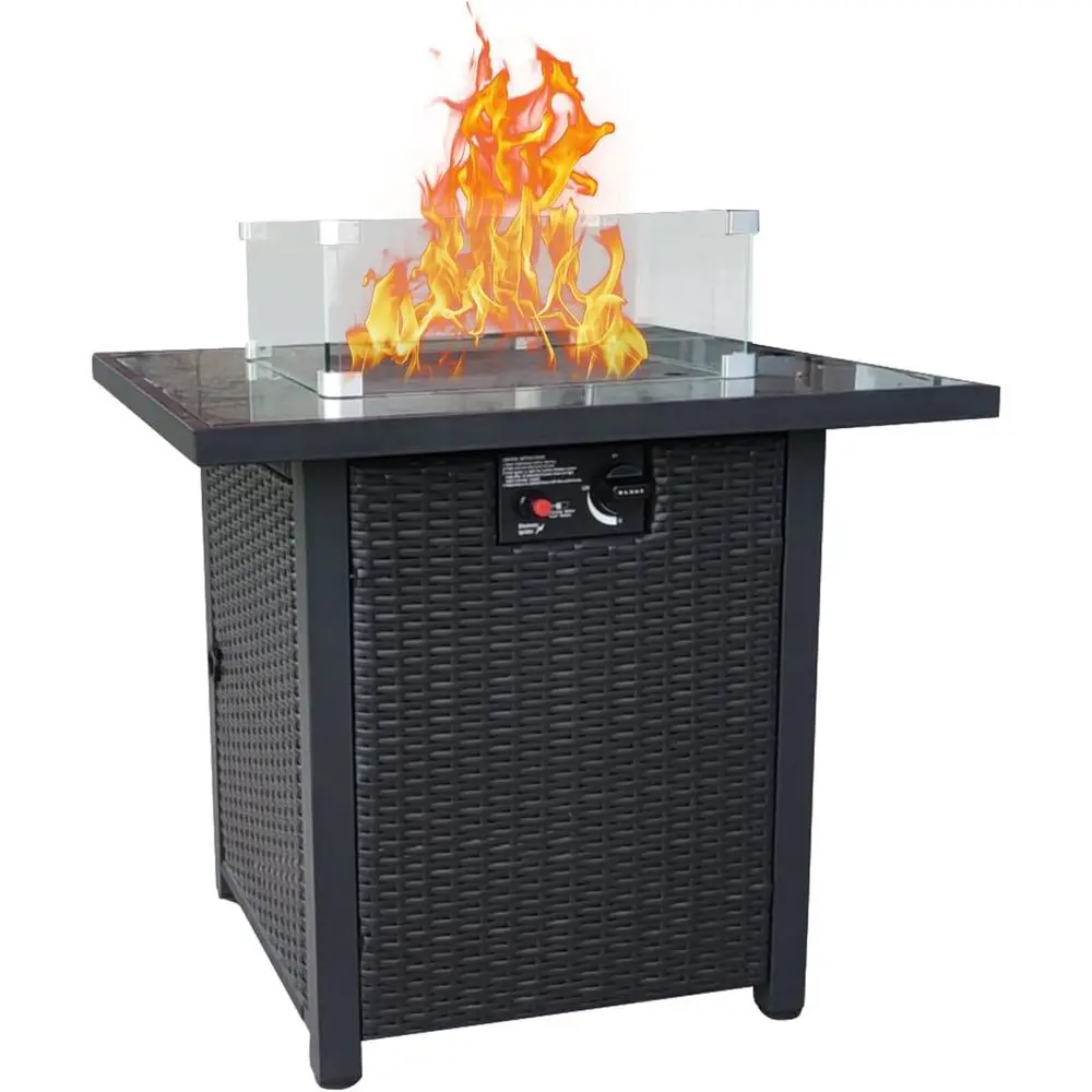 Outdoor Furniture With Fire Pit Table - ชุดเฟอร์นิเจอร์หวายสำหรับลานกลางแจ้ง, โซฟาหวายแบบแยกส่วนพร้อมเบาะนุ่มและโต๊ะเตาไฟ