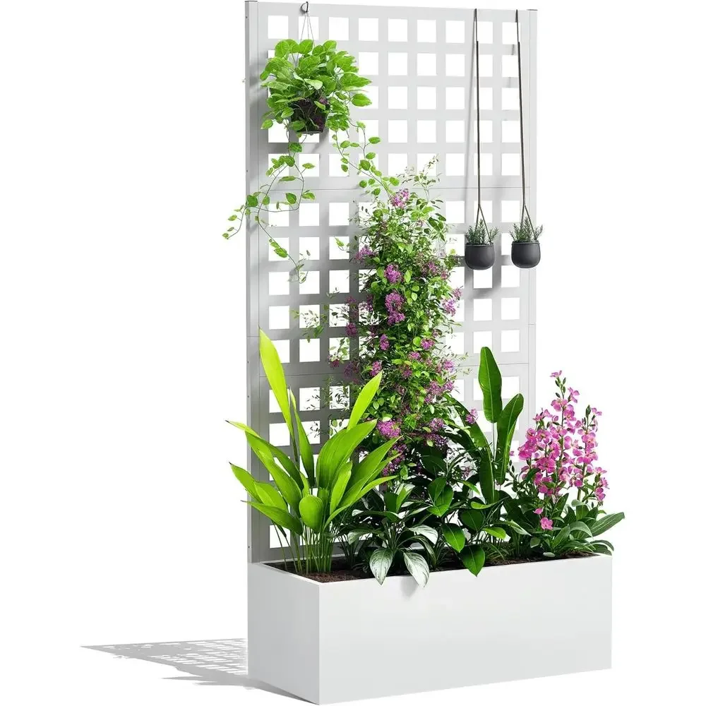Planter Raised Metal - แปลงปลูกผักยกสูงพร้อมโครงตาข่าย, กล่องปลูกต้นไม้โลหะ, รูระบายน้ำ, ฉากกั้นความเป็นส่วนตัวกลางแจ้ง, เหมาะสำหรับปลูกไม้เลื้อย, ผัก