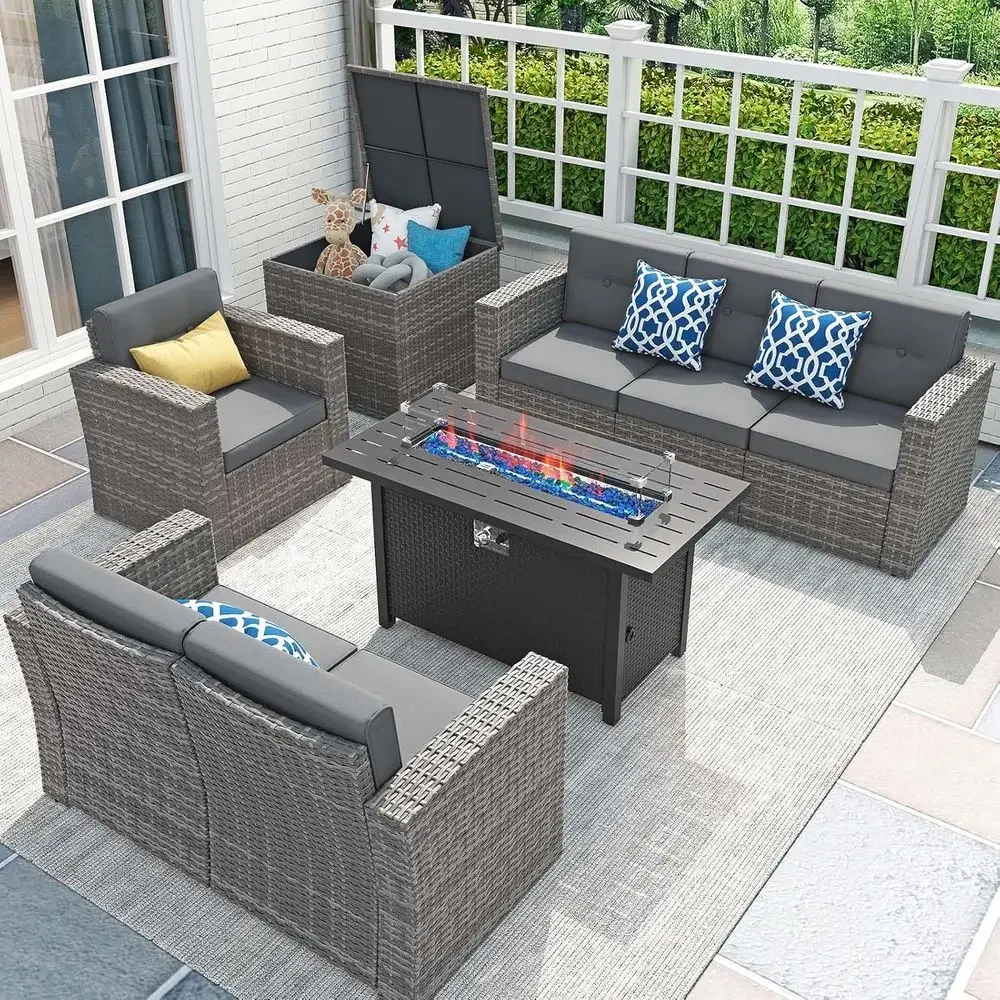 Outdoor Furniture With Fire Pit Table - ชุดเฟอร์นิเจอร์ลานบ้าน 8 ชิ้น พร้อมโต๊ะเตาไฟ 45 นิ้ว,