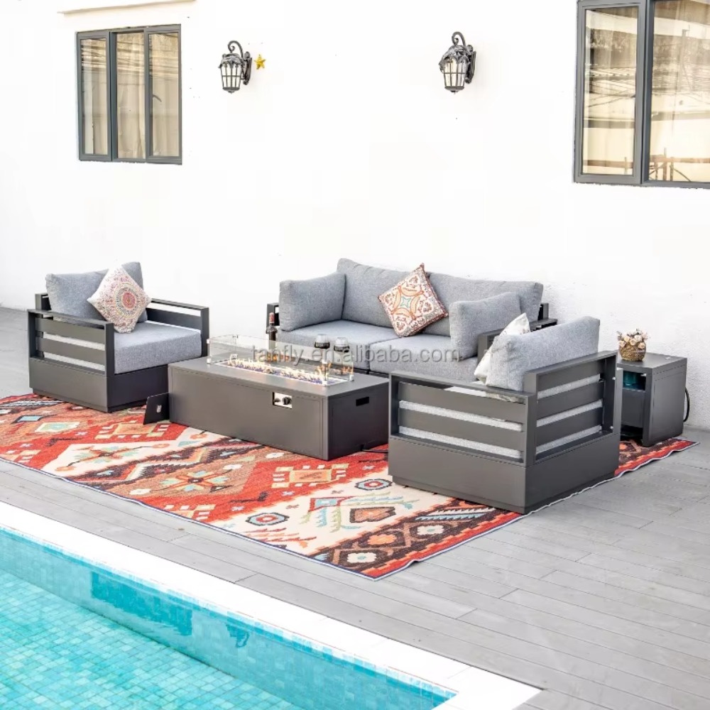 Outdoor Furniture With Fire Pit Table - ชุดเฟอร์นิเจอร์กลางแจ้งสำหรับโรงแรมวิลล่า ชุดโซฟาเฟอร์นิเจอร์สวนอะลูมิเนียมทันสมัย พร้อมโต๊ะเตาไฟ