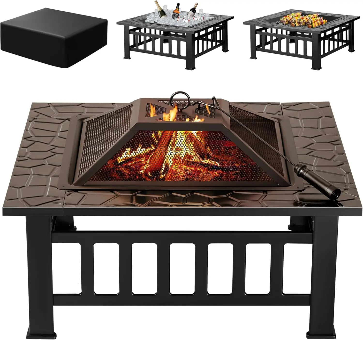 Outdoor Furniture With Fire Pit Table - เตาผิงกลางแจ้ง ขนาด 32 นิ้ว โต๊ะเตาผิงโลหะพร้อมฝาครอบกันน้ำสำหรับลานกลางแจ้งและการตั้งแคมป์ (สีดำ)