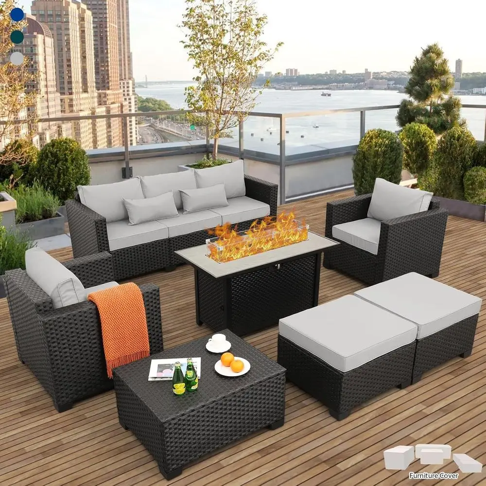 Outdoor Furniture With Fire Pit Table - ชุดเฟอร์นิเจอร์ลานกลางแจ้ง 45 ชิ้น พร้อมผ้าคลุมกันน้ำ 7 ชิ้น