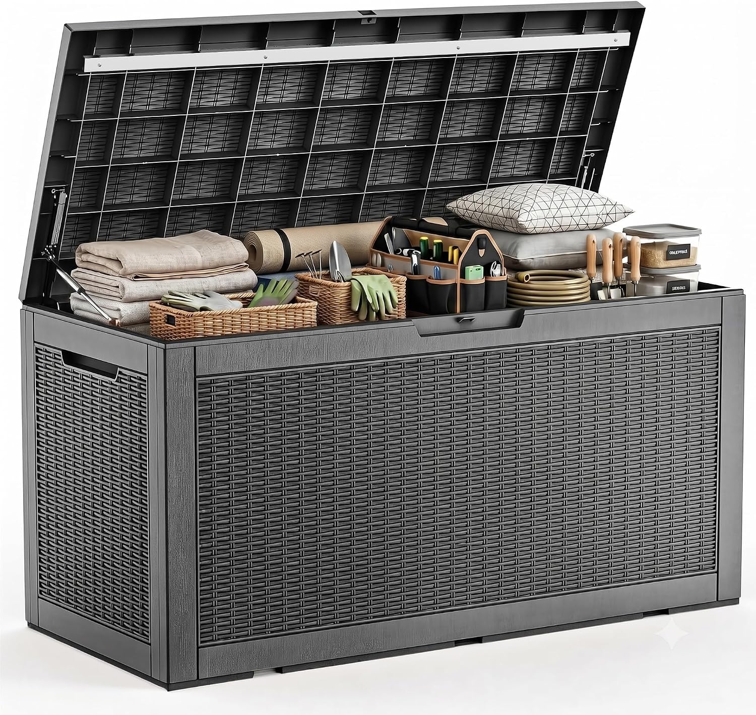 Outdoor Furniture With Storage - กล่องเก็บของกลางแจ้งขนาดใหญ่กันน้ำ ทำจากเรซิน พร้อมกุญแจล็อค ใช้เป็นที่เก็บของในลาน หรือเป็นม้านั่งสำหรับจัดเก็บเบาะสระว่ายน้ำ อุปกรณ์ทำสวน