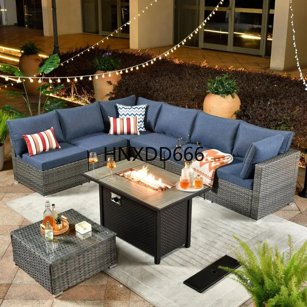 Outdoor Furniture With Fire Pit Table - ชุดเฟอร์นิเจอร์ลานกลางแจ้ง 8 ชิ้น พร้อมโต๊ะเตาผิง โซฟาหวายแบบแยกส่วนสำหรับนั่งพูดคุยพร้อมโต๊ะกาแฟ