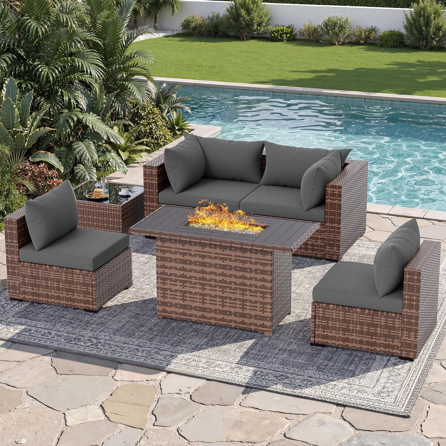 ชุดโซฟาแบบแยกส่วน 5 ชิ้น สำหรั - Outdoor Furniture With Fire Pit Table บทวิจารณ์และราคา